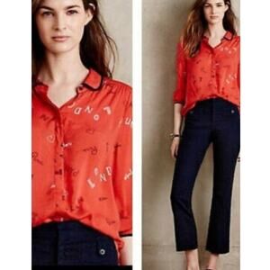 Anthro Maeve Red Paris Novelty Print Button Down Blouse Long Sleeve Sz 4